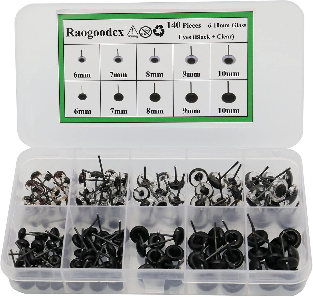 140Pcs Mini Glass Needle Felting Eyes 6–10mm – Black & Clear for Teddy Bears, Puppets, Dolls, and Wool Felting Crafts